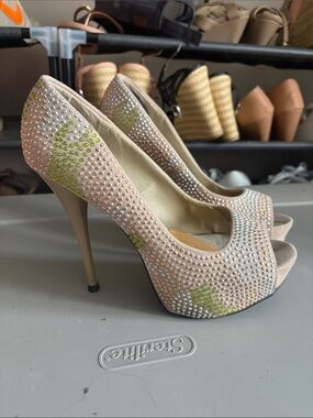 Qupid Nude camo Peep-Toe Heels with Rhinestone Accents 8 euc